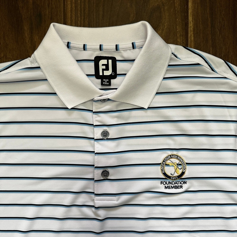 FootJoy Mens Florida State Golf Association Striped‎ Polo Shirt White Blue Large